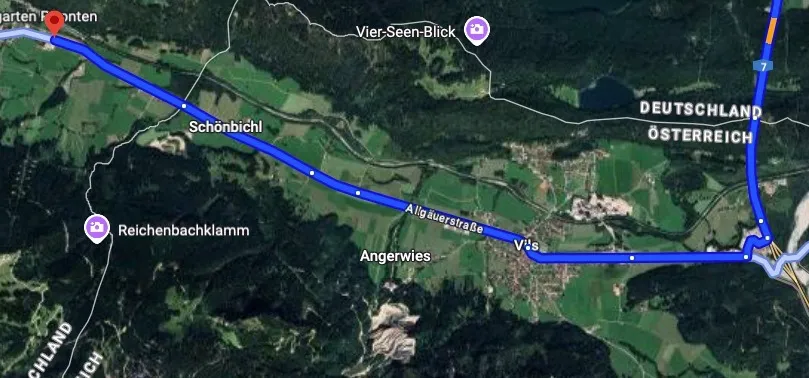 Anfahrtskarte der B17 Königsroute nach Pfronten