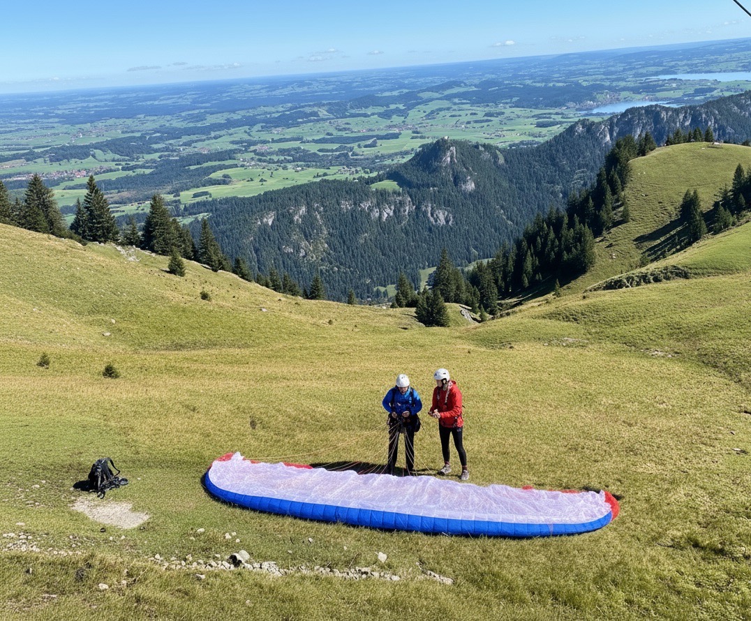 Pilot bereitet Gleitschirm vor - Ausrüstung auf der Startwiese Pfronten