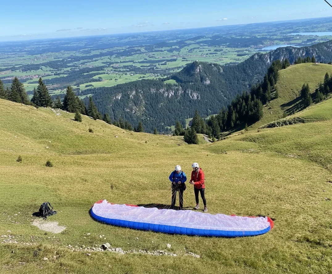 Pilot bereitet Gleitschirm für Tandemflug vor