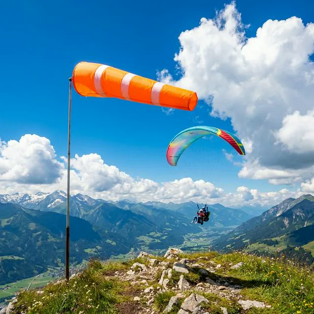 Wind sock on peak and paraglider in blue sky